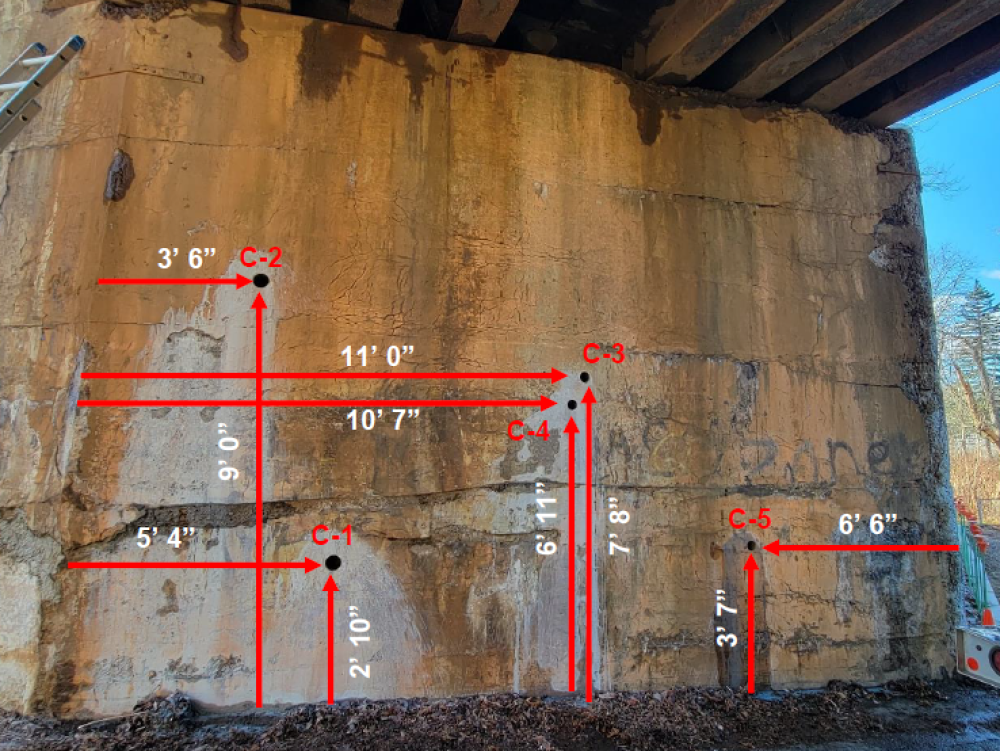 80 year old concrete abutment showing locations of concrete cores
